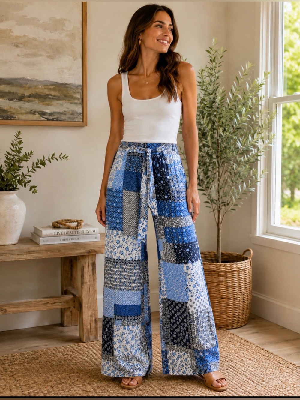 Robert Louis Blue Patchwork print Wide Leg boho Pants size small